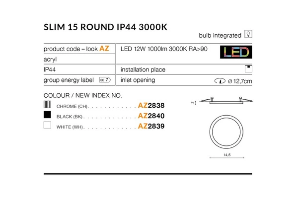 Azzardo SLIM 15 ROUND 3000K IP44 CHROME 2838