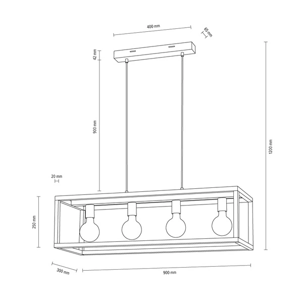 Lampa Wisząca Kago 4xE27 Max.60W Dąb Olejowany/Czarny Metal/Przezroczysty Kabel PCV 61590474