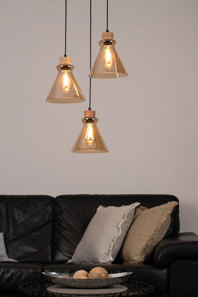 Lampa Wisząca Serena 3xE27 Max.60W Dąb Olejowany/Czarny Kabel PCV/Szkło Brązowe 9743374