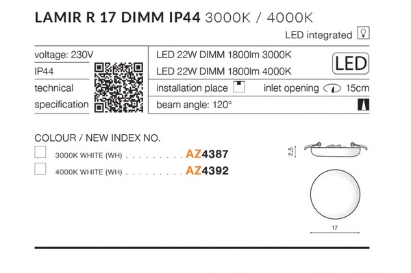Azzardo LAMIR R 17 3000K DIMM 4387