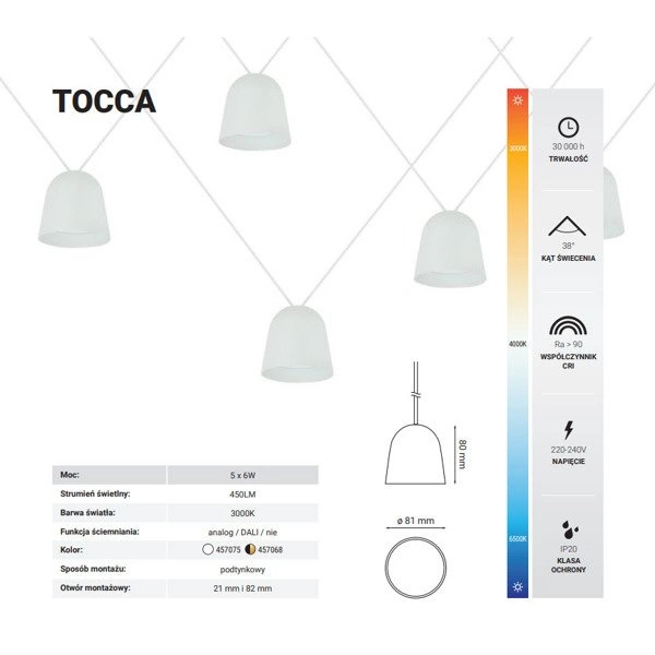 Lampa wisząca nowoczesna TOCCA 30W ciepła 3000K biały