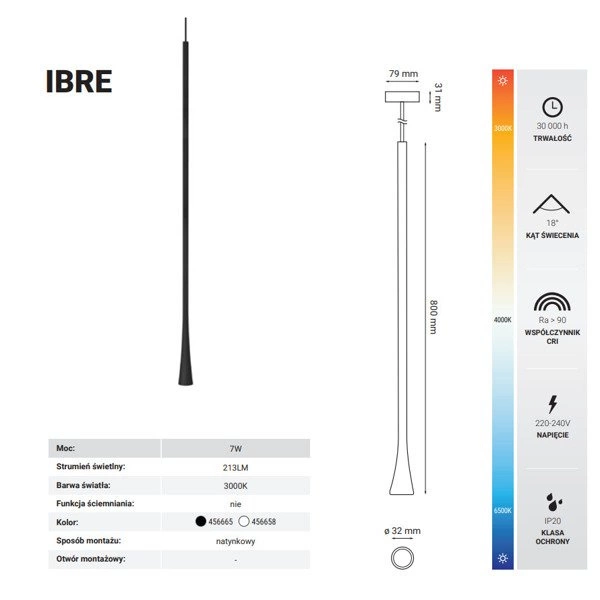 Lampa wisząca nowoczesna sopel IBRE 7W ciepła 3000K biały śr. 3,2cm