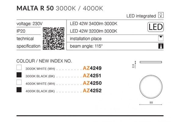 Azzardo MALTA R 50 3000K BK 4251