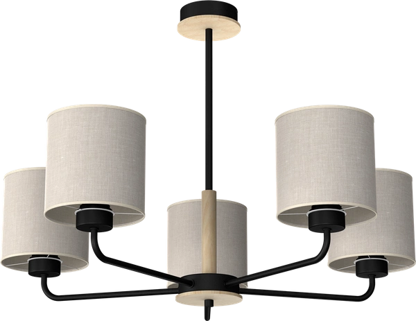 Żyrandol ATLANTA, MLP7452, czarny/drewno/beżowo-szary, 5x60W E27