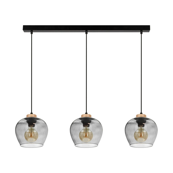 Lampa Wisząca Praia 3xE27 Maks. 60W Dąb Olejowany/Czarny Metal/Czarny Kabel PCV/Szkło Dymne 5500060
