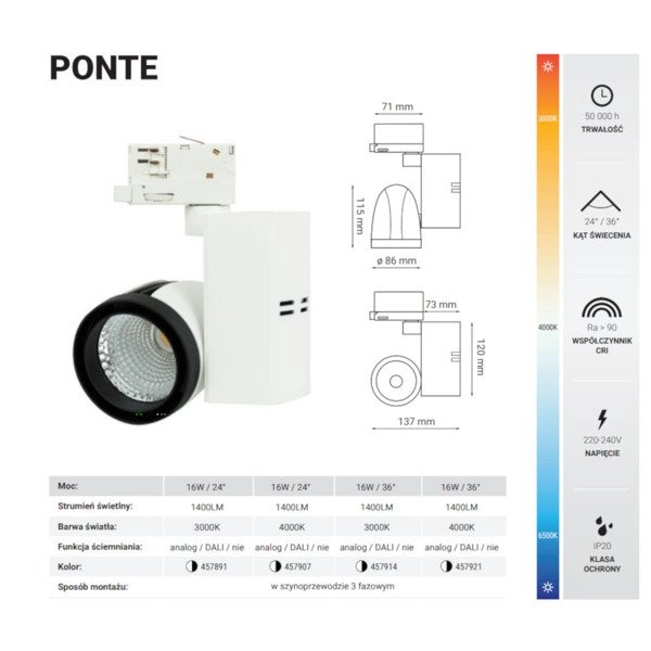 Reflektor do szyno-przewodu 3 fazowego PONTE 16W neutralna 4000K biały/czarny kąt 24st
