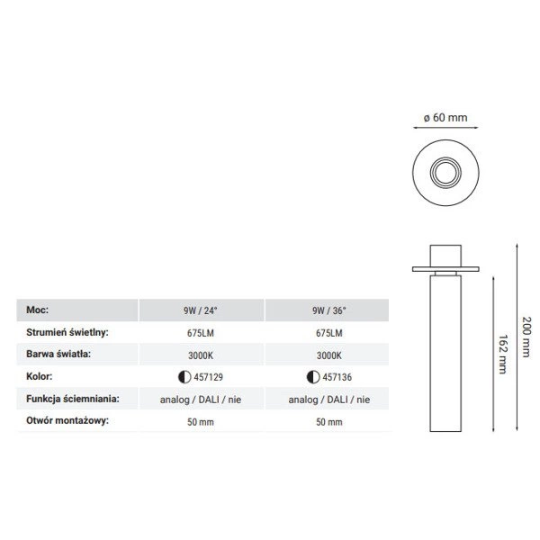 Oprawa wpuszczana reflektorek LUGO 9W ciepła 3000K biały/czarny śr. 6cm kąt 36st