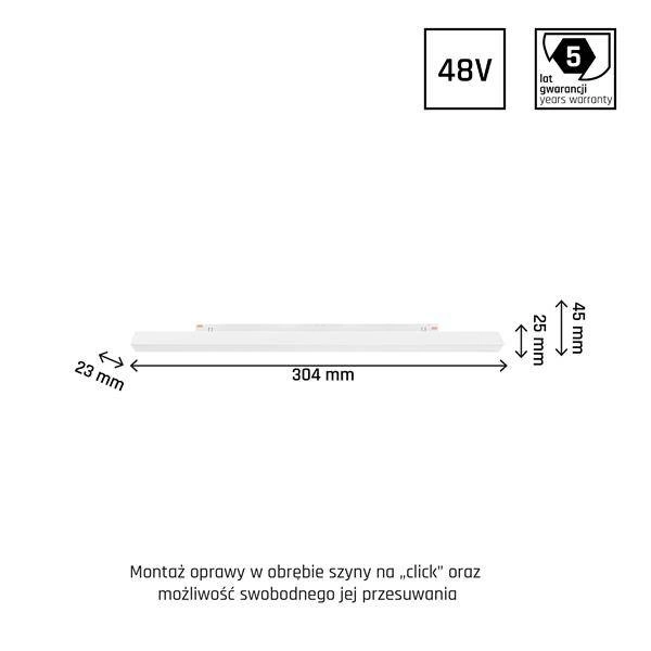SYSTEM SHIFT - LINE S oprawa na szynoprzewód 304x23x42mm 8W 100st biały 5 lat gw.