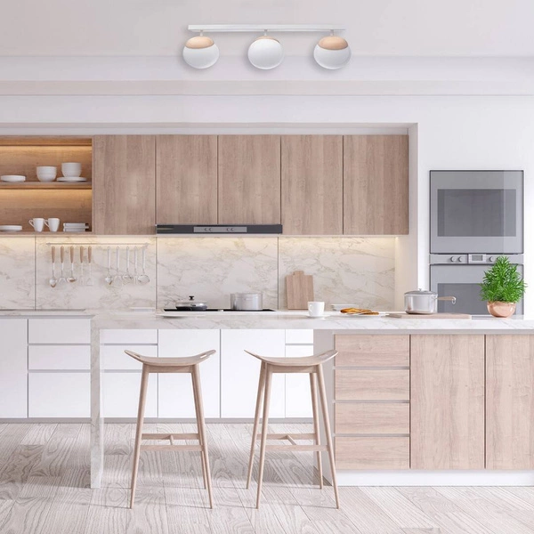 Lampa sufitowa nowoczesna szklana kula listwa SFERA WOOD III drewno/biały szer. 65cm