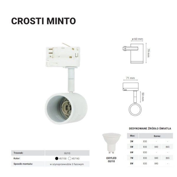 Reflektor do szyno-przewodu 3 fazowego CROSTI MINTO biały GU10